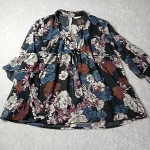 Mystree Top M Smocked Bodice Floral Cottagecore Boho Hippie Peasant Shirt Blouse